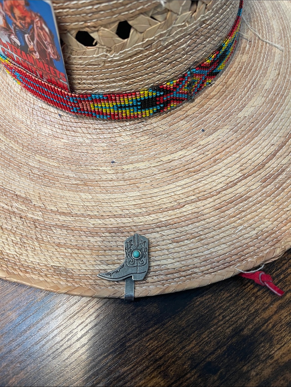 Women’s Straw Cowboy Hat with Multicolor Beaded Band, accent pins, hat clip - Picture 6 of 14